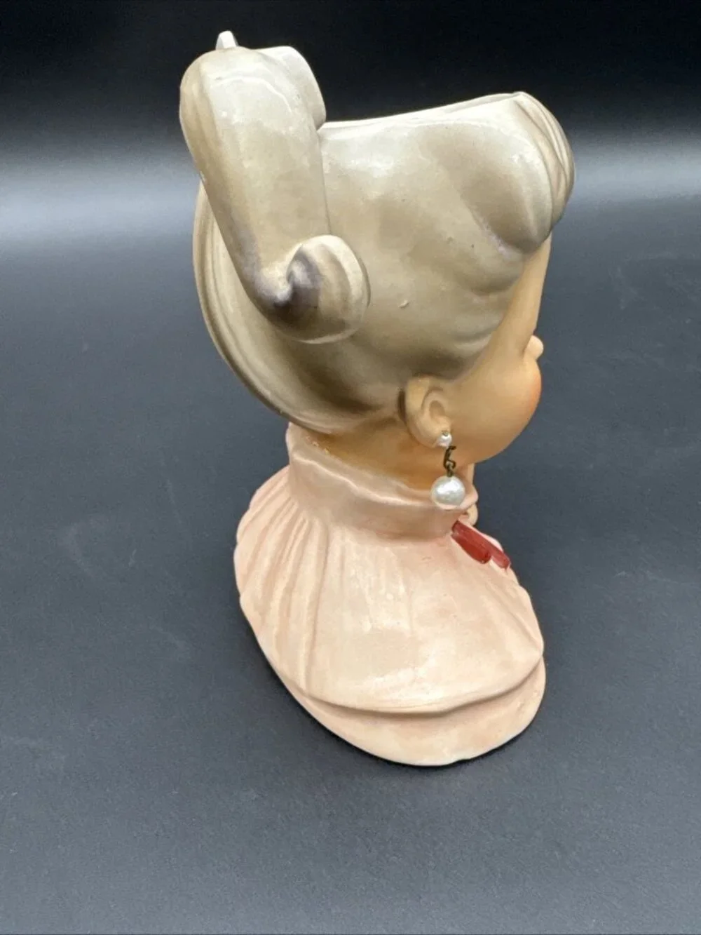 VTG 50’s Head Vase Pink Ponytail Pearl Earring Engagement Ring Bow Girl Ceramic